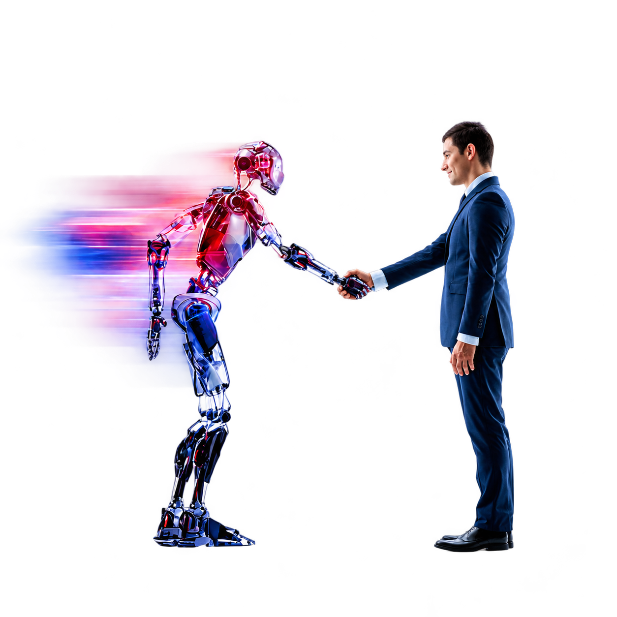 Robot and professional shaking hands with coloured digital motion trails