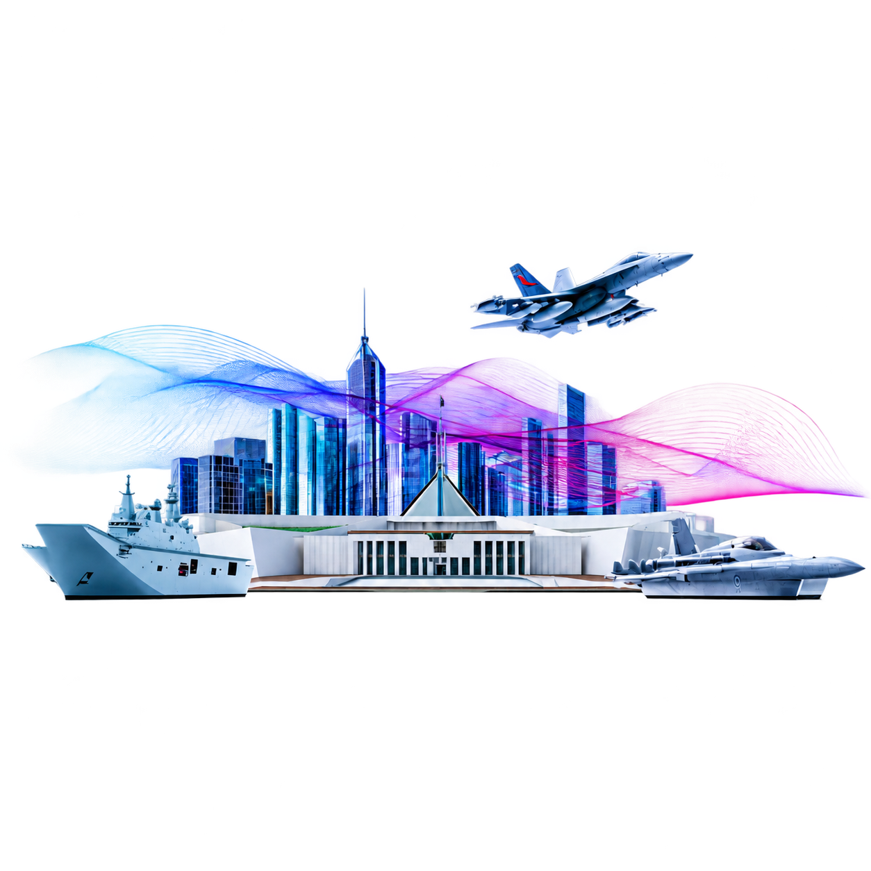 Government and Defence montage with Parliament, city buildings, naval ship and aircraft