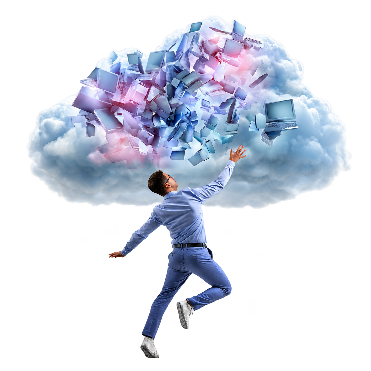 Professional reaching towards a cloud of computers and digital devices