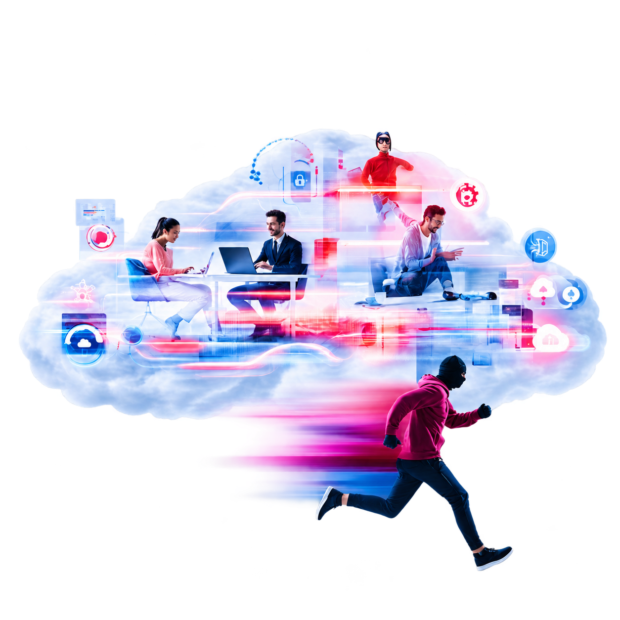 Professionals working on cloud systems with digital security interfaces and a running hooded figure