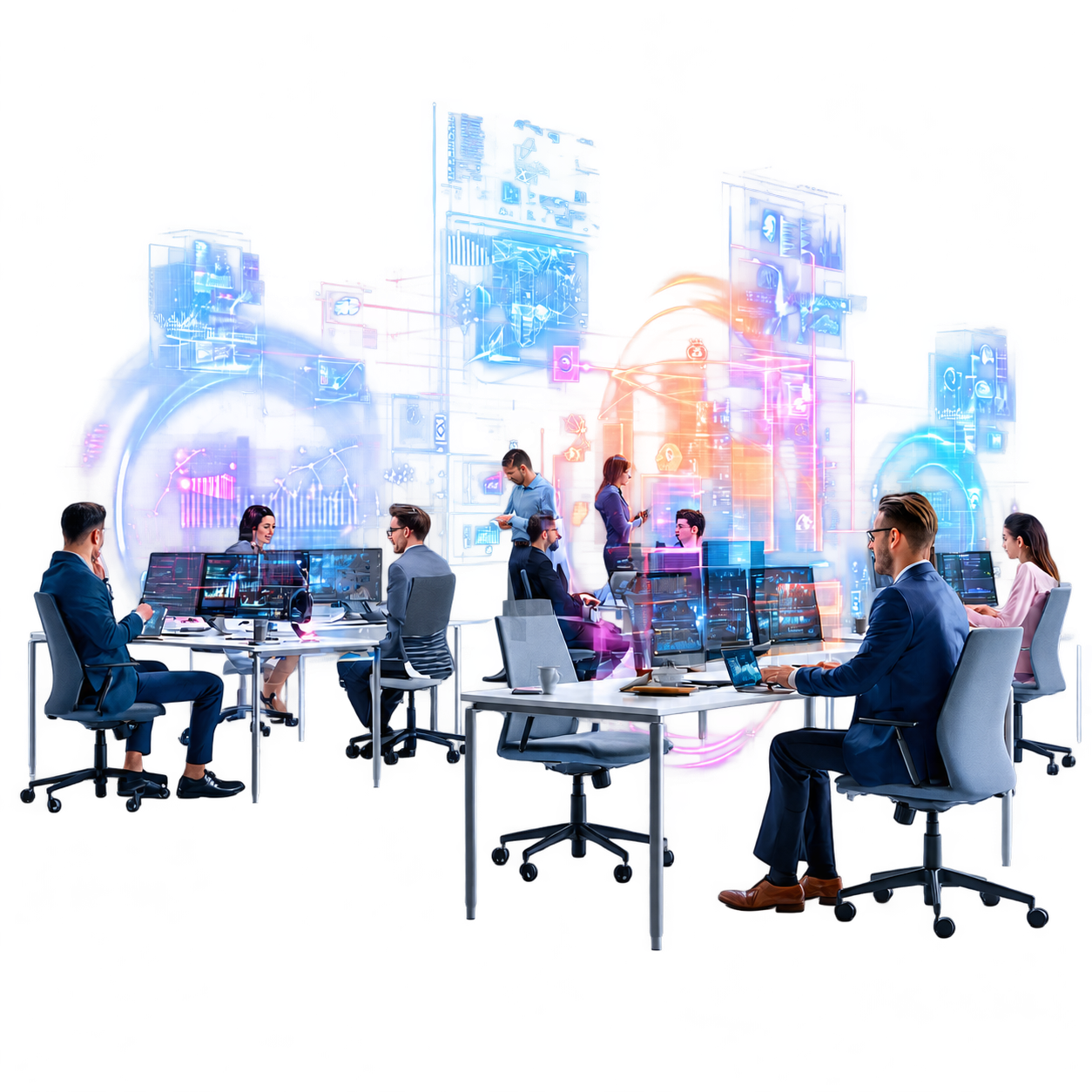 Professionals working together at desks with connected digital interfaces