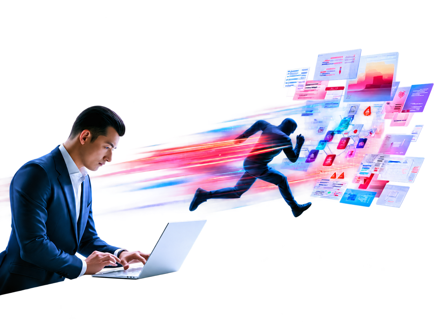 Cyber risk assessor at a laptop with a digital attacker and security risk visualisations