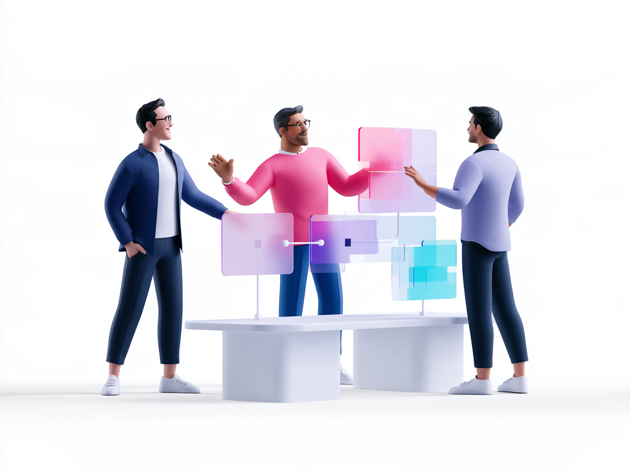 Three professionals collaborating around connected digital panels