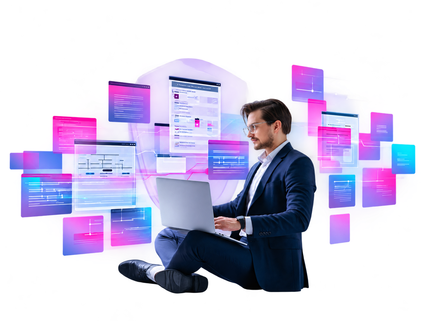 Software and data professional with a laptop and connected digital interfaces