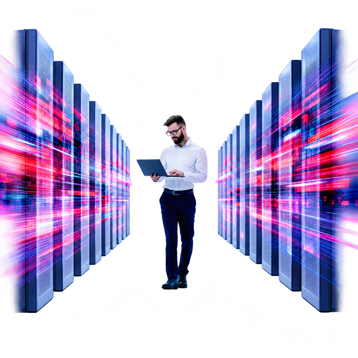 Engineer with a laptop between server racks and coloured digital data trails